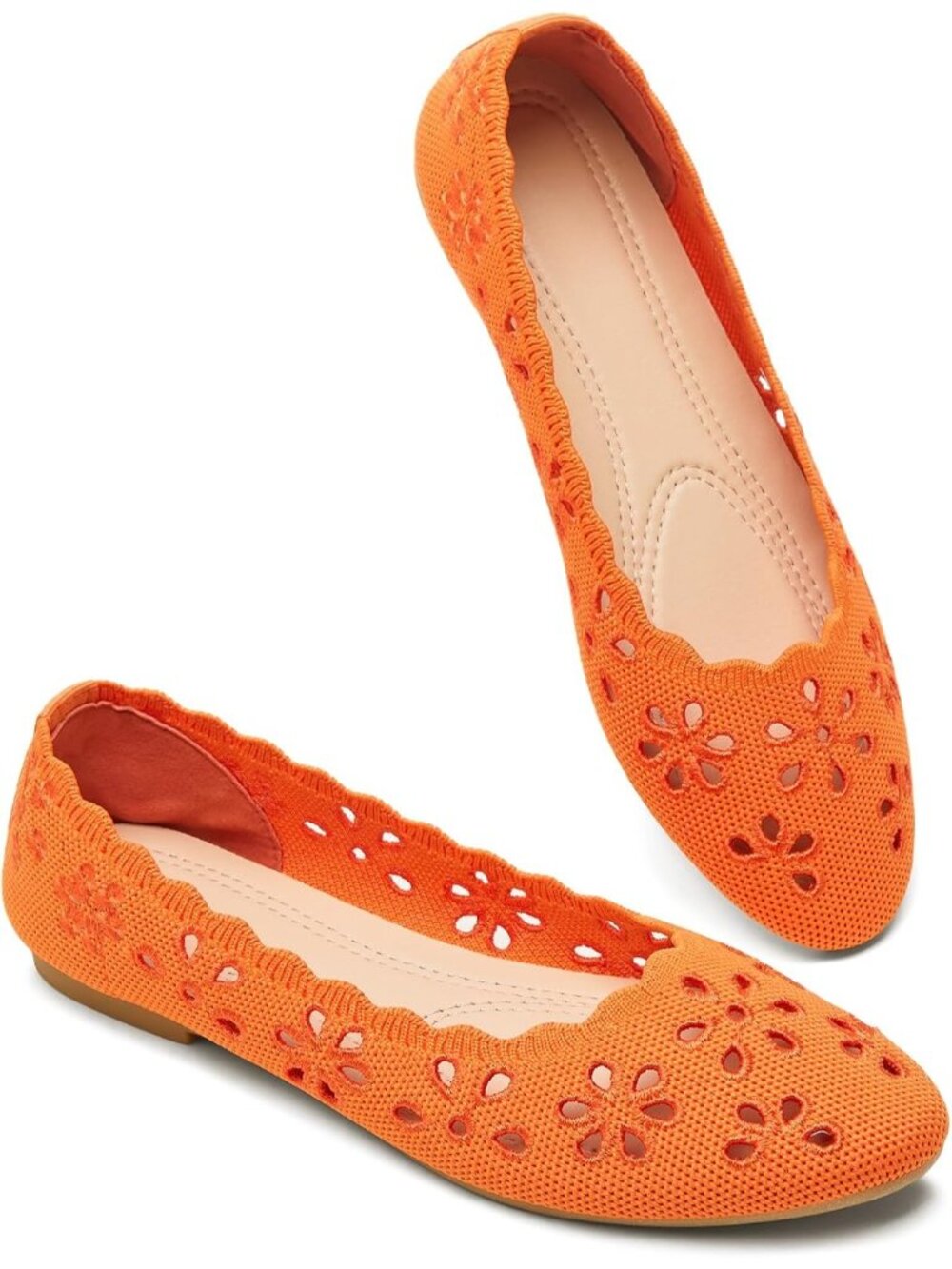 Women's Orange Mesh Floral Ballet Flats Comfortable Slip On Casual Walking Shoes